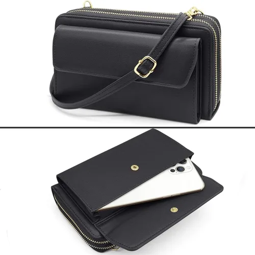 Vista 6 de Cartera de cuero para mujer con doble cremallera y correa para el hombro