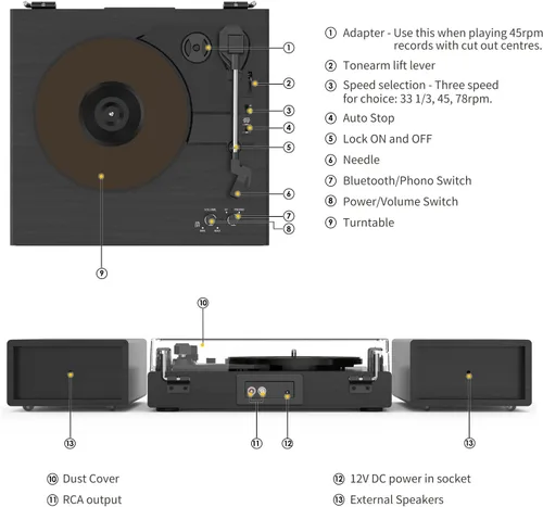 Vista 6 de Tocadiscos con 2 altavoces externos, tocadiscos con entrada Bluetooth, accionado por correa, 33, 45, 78 RPM, tocadiscos LP para discos de vinilo