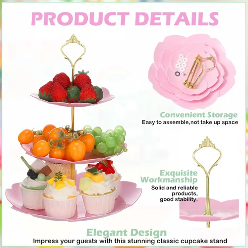 Vista 3 de 6 juegos de decoraciones de fiesta de té de 3 niveles de plástico para cupcakes, platos de postre, torta de frutas y dulces, torre de exhibición