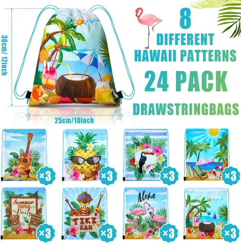 Vista 2 de Frienda 24 bolsas hawaianas para recuerdos de fiesta hawaiana Aloha con cordón, mochila tropical de flamenco, bolsas de regalo para cumpleaños