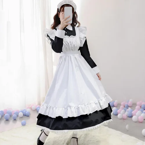 Vista 4 de uojfnhb Vestidos de Halloween para mujer, lindos vestidos de Lolita de manga larga, trajes de sirvienta de talla grande, trajes de cosplay
