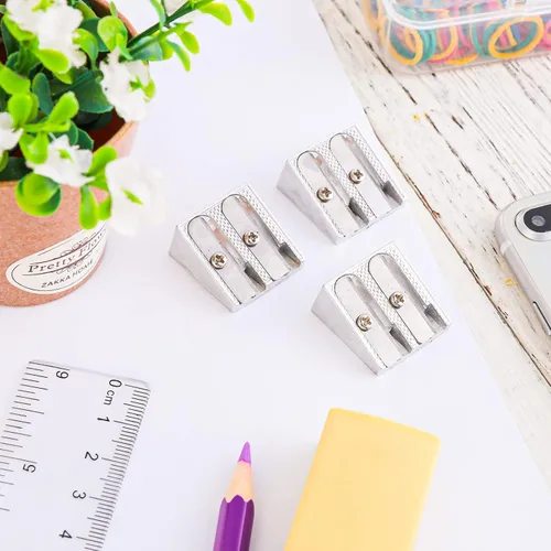Vista 6 de cobee 10 sacapuntas, sacapuntas de metal de mano con agujeros dobles, mini afilador de lápices para niños, lápices afiladores para adultos y niños