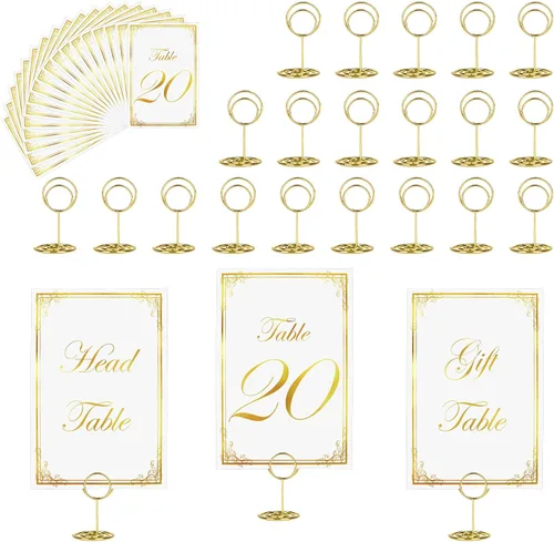 Vista 14 de JOYIT 21 juegos de tarjetas de mesa de boda del 1 al 20 y de la mesa principal con 21 soportes de números de mesas, tarjetas de números de oro negro
