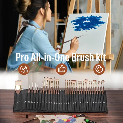 Vista 4 de Nicpro Juego de 36 pinceles de pintura, pinceles profesionales con espátula y rollo de tela, adecuado para pintura acrílica, óleo, acuarela