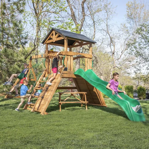 Vista 10 de Backyard Discovery Endeavor II Set de columpios de madera de cedro con tobogán ondulado, plataforma de juego, doble pared de escalada, mesa