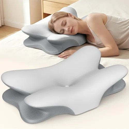 Vista 8 de Almohada cervical para aliviar el dolor de cuello, almohada cervical para dormir, almohadas de espuma viscoelástica para soporte de cuello y Gris