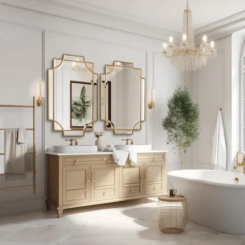 Vista 5 de Espejo de baño dorado para pared, espejo rectangular de tocador de 24 x 36 pulgadas, espejo decorativo moderno biselado pulido para entrada, sala