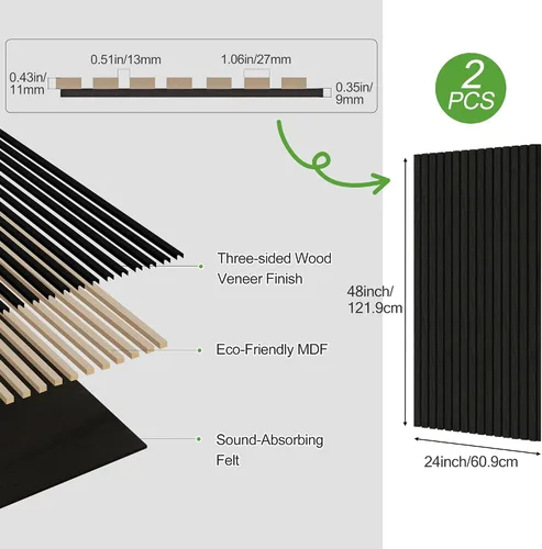 Vista 32 de Paquete de 2 paneles de madera para pared, paneles acústicos de listones de madera de 48 x 24 pulgadas, paneles acústicos para decoración de paredes