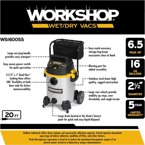 Vista 3 de WORKSHOP Wet/Dry Vacs Shop Vacuum WS1600SS Aspiradora de acero inoxidable de 16 galones y 6.5 pico HP con filtro, bolsa para polvo, manguera