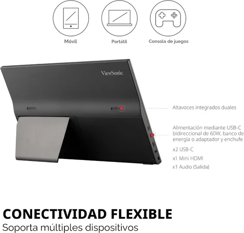 Vista 5 de ViewSonic VA1655 Monitor portátil FHD IPS de 15.6 pulgadas 1080p con soporte integrado, USB C de 60 W, mini HDMI, funda protectora y altavoces