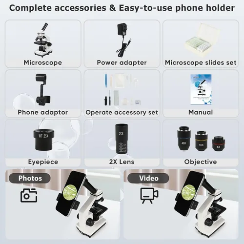 Vista 6 de Microscopio para adultos profesionales: microscopio compuesto para niños de 8 a 12 años, kit de microscopio para niños de 100X-2000X