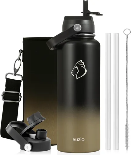 Vista 25 de BUZIO Botella de agua aislada de 24 oz, frasco de agua de boca ancha de acero inoxidable con tapa de pajita, frío durante 48 horas a prueba de Negro