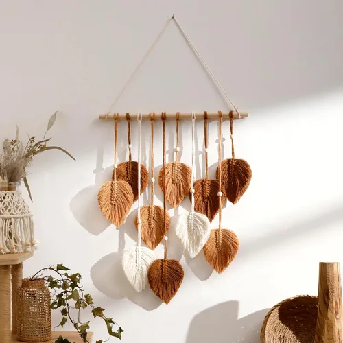 Vista 8 de Tapiz de hojas de macramé para decoración de pared, tapices tejidos bohemios, arte de pared de hojas de otoño, grandes borlas bohemias, adorno