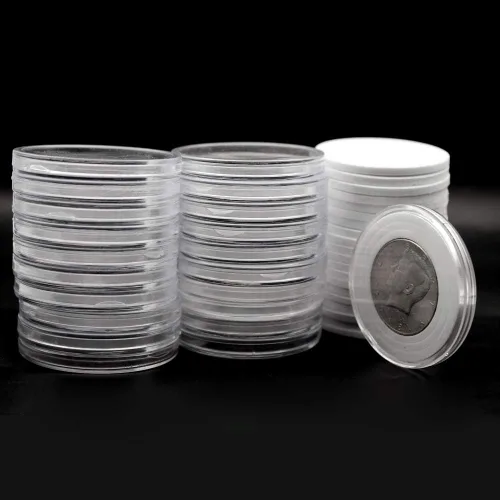 Vista 8 de 20 cápsulas de plástico transparente, caja de colección de monedas de 5 tamaños con junta ajustable para colección de monedas American Silver Eagle