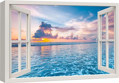 Vista 42 de wall26 - Cuadro en lienzo para pared, vista de ventana, atardecer neón, cielo, palmera tropical, playa, naturaleza, desierto, fotografía, realismo