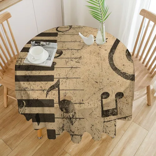 Vista 3 de Mantel redondo de cocina con notas musicales retro, estilo rústico y occidental, con estampado de teclas de piano y teclas, mantel redondo
