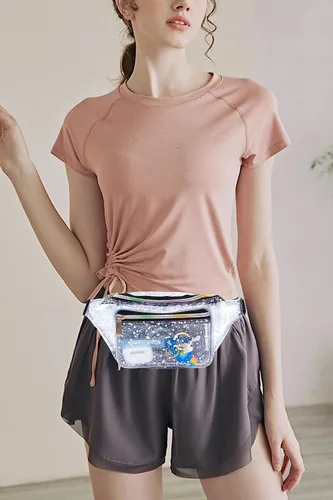 Vista 7 de Cangurera holográfica con diseño de cielo estrellado y lunares morados para mujer, ideal para juegos, conciertos, rave, festivales, viajes, Dreamy