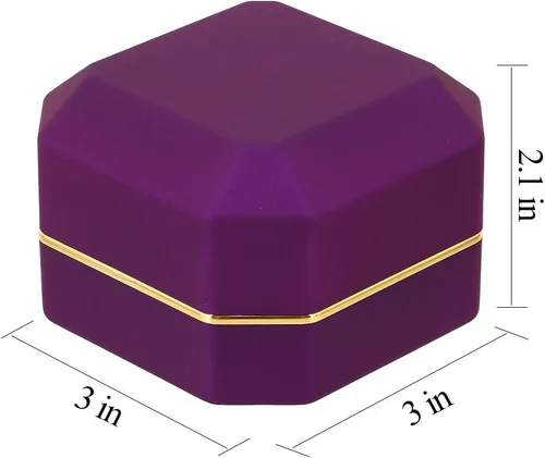 Vista 2 de Caja de anillo de compromiso de propuesta de terciopelo de forma cuadrada Caja de regalo de moneda de joyería de luz LED (morado)