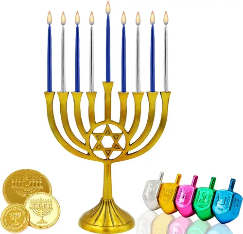 Vista 3 de The Dreidel Company - Velas metálicas azules y plateadas sin goteo de Janucá, 45 velas prémium cónicas decoradas a mano para Janucá, 1 hora