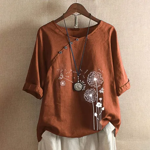 Vista 2 de DASAYO Blusas casuales de algodón y lino para mujer, con manga de codo, cuello redondo, blusas casuales, de gasa, a la moda, para salir