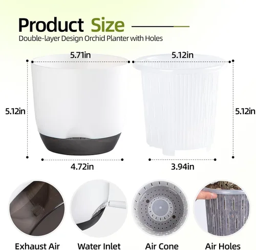 Vista 2 de QCQHDU 2 Pack 5.7 Inch Orchid Pots with Holes for Repotting, Double-Layer and Self Watering Orchid Pot with Good Air Circulation Blanco y negro