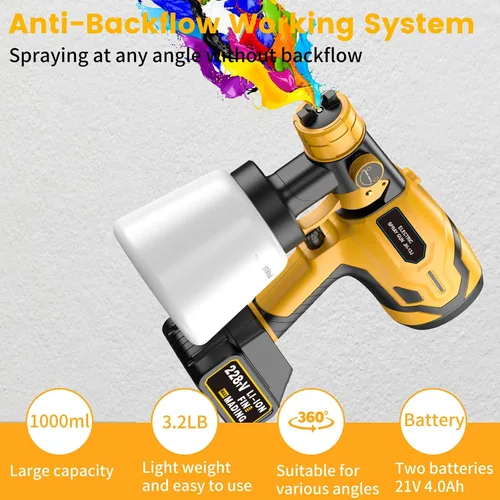 Vista 2 de Pulverizador de pintura inalámbrico, baterías de 21 V 4.0 Ah, pistola de pintura eléctrica HVLP incluye 6 boquillas de cobre y 3 patrones