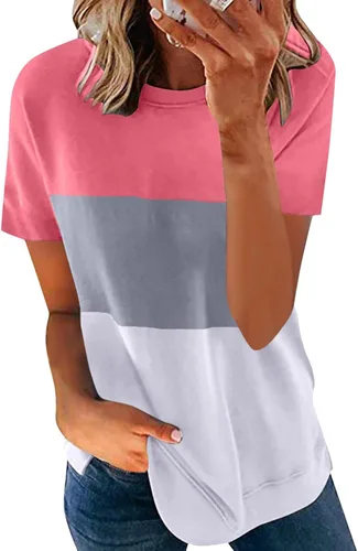 Vista 2 de Camiseta de manga corta para mujer, con bloques de color, a rayas, cuello redondo, de algodón suave, con abertura lateral, casual, holgada
