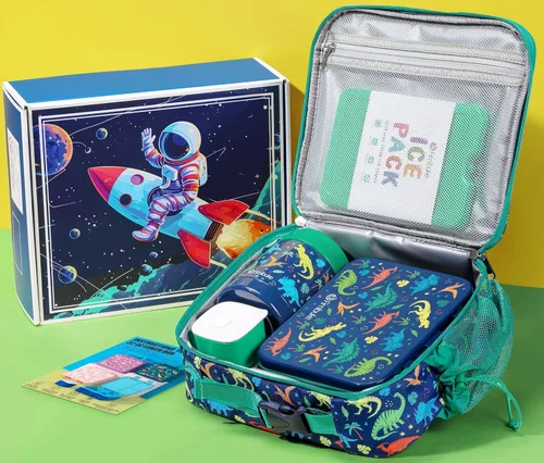 Vista 2 de Fimibuke Lonchera Bento de 32 onzas para niños con termo de 12 onzas, bolsa de almuerzo aislada y bolsa de hielo, contenedor de comida de 3