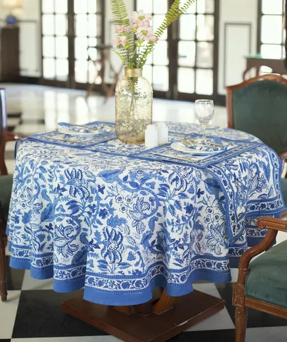 Vista 2 de Labhanshi Jaipur - Mantel redondo de algodón floral con estampado de bloques indios, 60 pulgadas, 4 plazas, mantel de cocina y comedor para el día
