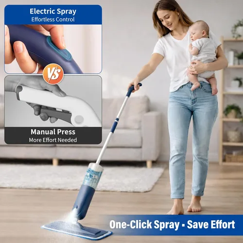 Vista 4 de PowerMop para limpieza de suelos con 3 almohadillas lavables, mopa de microfibra húmeda y seca con botella recargable de 24.3 fl oz para cocina