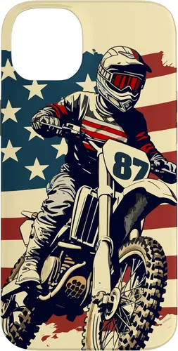 Vista 15 de Funda vintage para iPhone 16 Motocross Rider Dirt Bike con bandera estadounidense