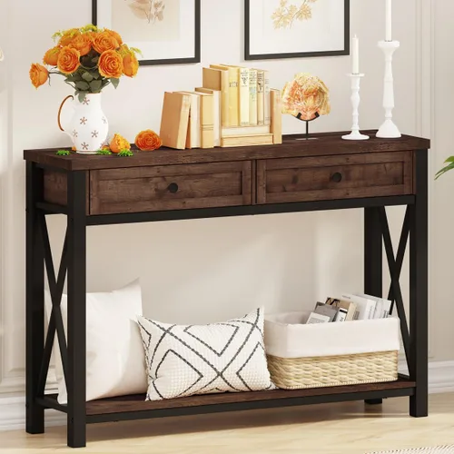 Vista 15 de Mesa de consola rústica detrás del sofá, mesa industrial de entrada con estantes, mesas de sofá de 3 niveles estilo granja para sala de estar, Roble