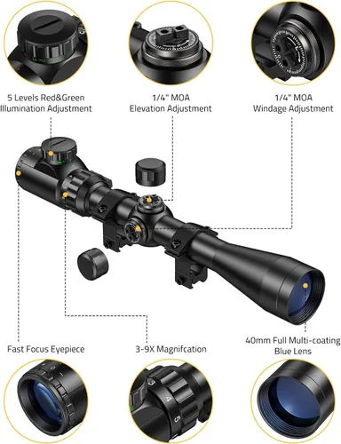 Vista 6 de CVLIFE Alcance del rifle 3-9x40, visor óptico iluminado rojo y verde, alcance del tubo de 1 pulgada para la caza con los soportes