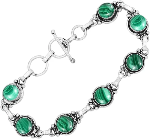 Vista 99 de Round Shape Natural & Synthetic Gemstones Silver Plated Bracelets for Women - Vintage Bohemian Style Handmade Birthstone Adjustable Link Bracelet