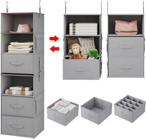 Vista 12 de Vailando Organizador de Armario Colgante de 3 Estantes, Juego de 2 Estantes Colgantes con 2 Cajones para Vestidor, Guardería, Almacenamiento y Beige