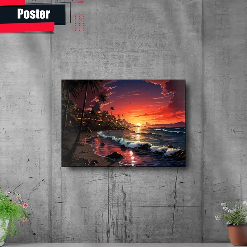 Vista 2 de Neon Sunset Vibes Florida Synthwave Sunset Framed poster Print, Retro Miami Style Wall Art, Wall Art, Art Decor