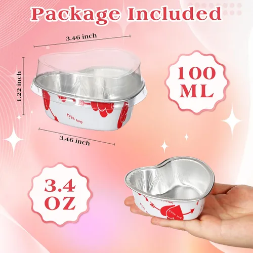Vista 2 de Domensi Juego de 100 moldes de papel de aluminio en forma de corazón, mini tazas para cupcakes con tapas, molde para flan, desechables, para el día