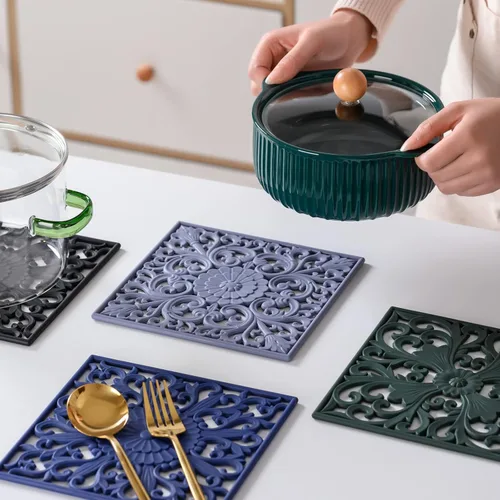 Vista 4 de Salvamanteles de silicona para platos calientes, ollas y sartenes, tapete de salvamanteles tallado multiusos, tapetes de silicona aislados
