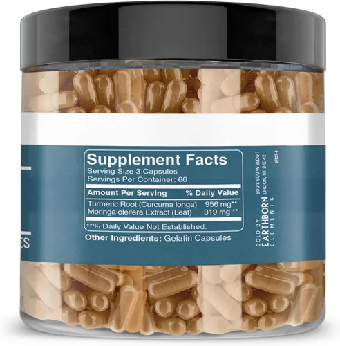 Vista 2 de Earthborn Elements Cúrcuma y Moringa 200 cápsulas, pura y sin diluir, sin aditivos