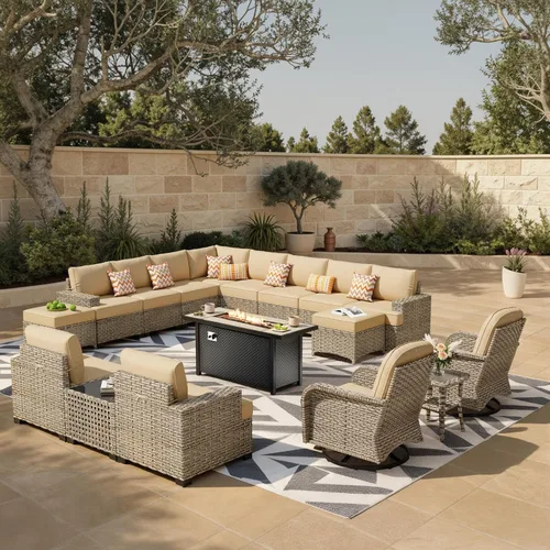 Vista 56 de HOOOWOOO Juego de muebles seccionales de patio con mesa de luz solar, 6 piezas de mimbre para exteriores, sofá en forma de L, juego de conversación