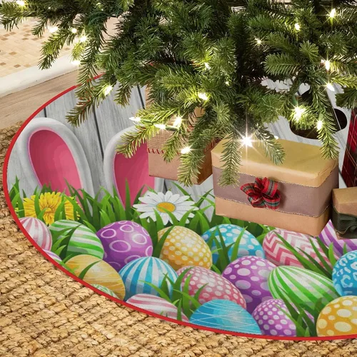 Vista 11 de Falda de árbol de Pascua, huevos de conejo de Pascua, falda de árbol de Navidad, tapete para fiestas de vacaciones, decoración de interiores