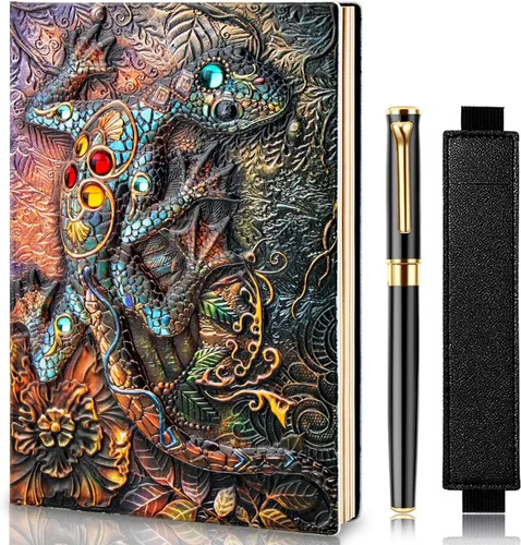 Vista 8 de FEIDIAO Cuaderno vintage de cuero en relieve Flying Dragon DND, diario de viaje A5 diario con bolígrafo y funda para bolígrafo, diario de piel