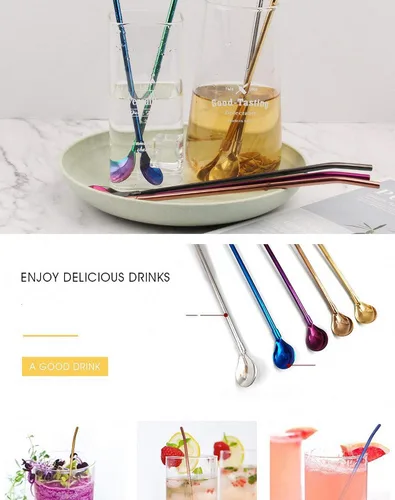 Vista 4 de 7 popotes de metal para beber con 2 cepillos de limpieza de 8.5 pulgadas, cuchara de barra reutilizable para café helado, bebida congelada, batidos