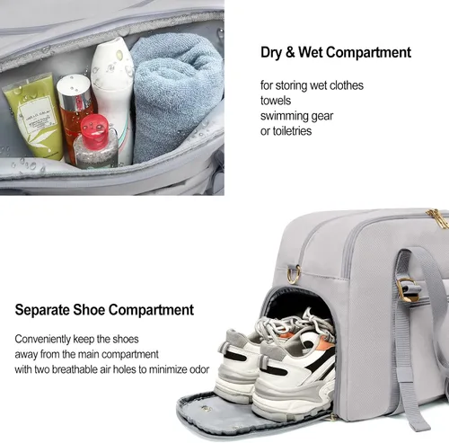 Vista 4 de Bolsa deportiva de gimnasio para mujer, bolsas de entrenamiento deportivas con compartimento para zapatos y bolsillo húmedo, pequeñas bolsas