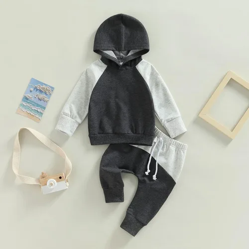 Vista 134 de Ropa de bebé niño 3 6 9 12 18 24M 3T Conjunto de pantalones con capucha patchwork sudadera con capucha pantalones de rayas traje de otoño invierno