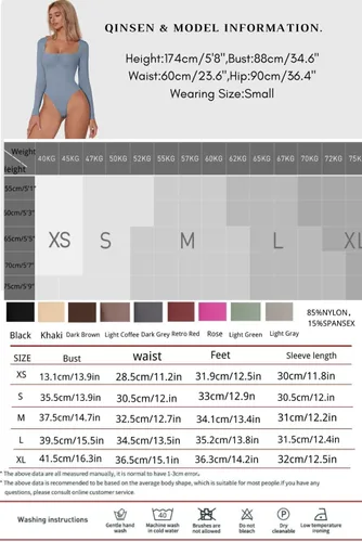 Vista 6 de QINSEN Body sexy de manga larga con cuello cuadrado para mujer