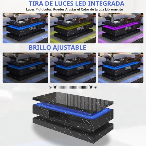 Vista 6 de Mesa auxiliar moderna de 47.2 pulgadas con alto brillo LED y 2 cajones deslizantes, mesas centrales de doble capa con luces LED para muebles de sala