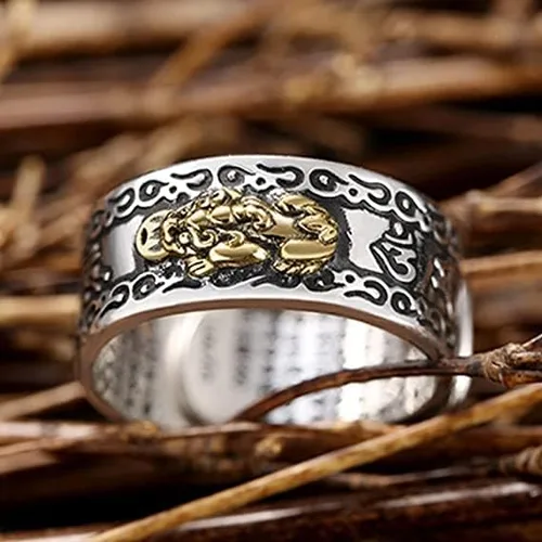 Vista 2 de Feng Shui Pixiu Mantra Ring, 2 anillos Feng Shui para hombres y mujeres, Feng Shui Pixiu Mani Mantra Protection Ring, Feng Shui Ring para riqueza