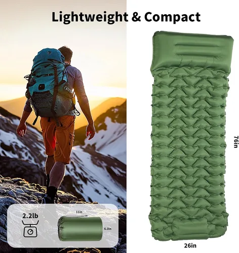 Vista 3 de Almohadilla de dormir para camping, almohadilla de dormir autoinflable con almohada incorporada bomba de pie, almohadillas inflables ultraligeras