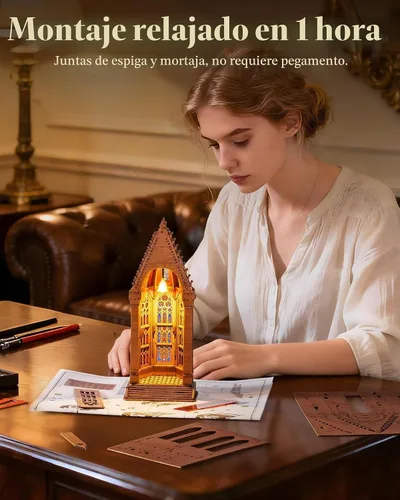 Vista 5 de Rolife Rompecabezas de madera 3D, modelo de arquitectura de catedral de geometría con luces LED, kit de construcción de manualidades para adultos